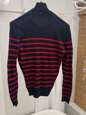 Boss Navy Blue Crewneck Sweater with Red Stripes